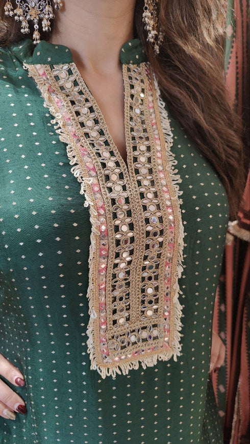 Emerald Green Long Kurta with Pant - Jacquard Silk